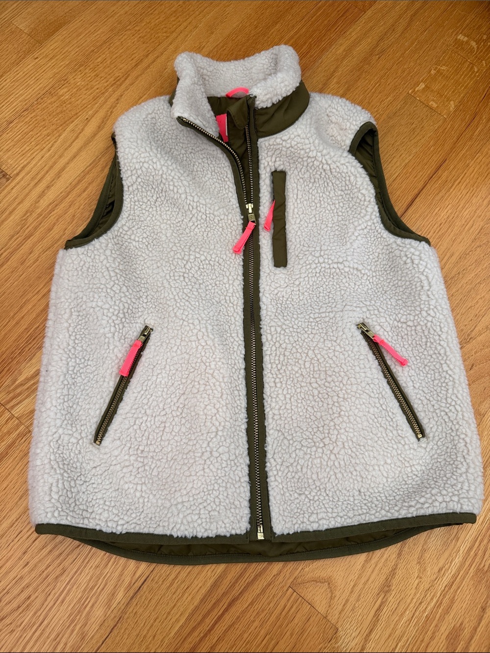 Crewcuts White Sherpa Vest with Olive Trim and Pink Zips